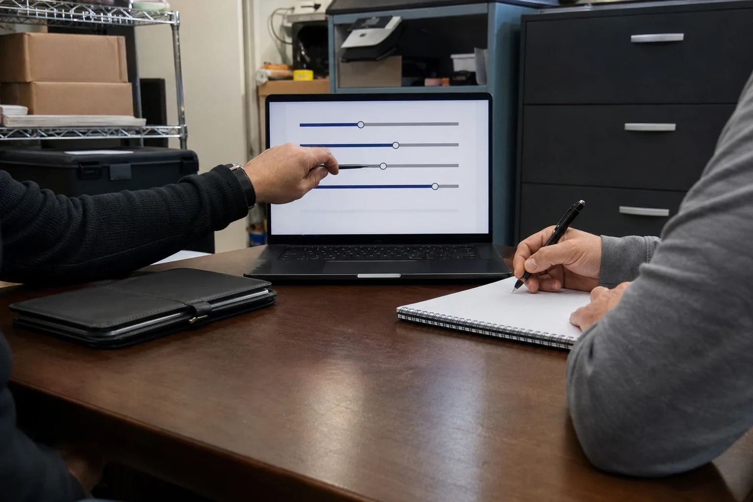 Agent points a pen at adjustable sliders on a laptop screen while a client takes notes in a spiral notebook at a wooden desk in a back office